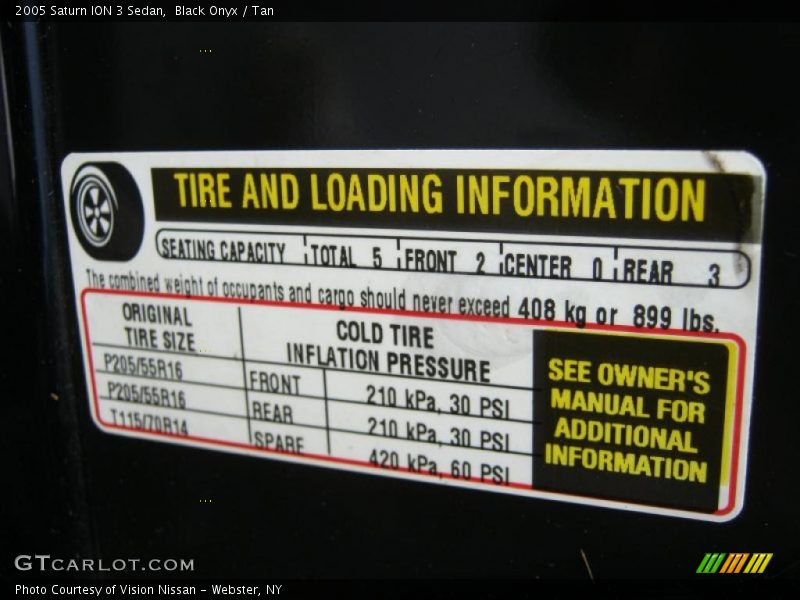 Info Tag of 2005 ION 3 Sedan