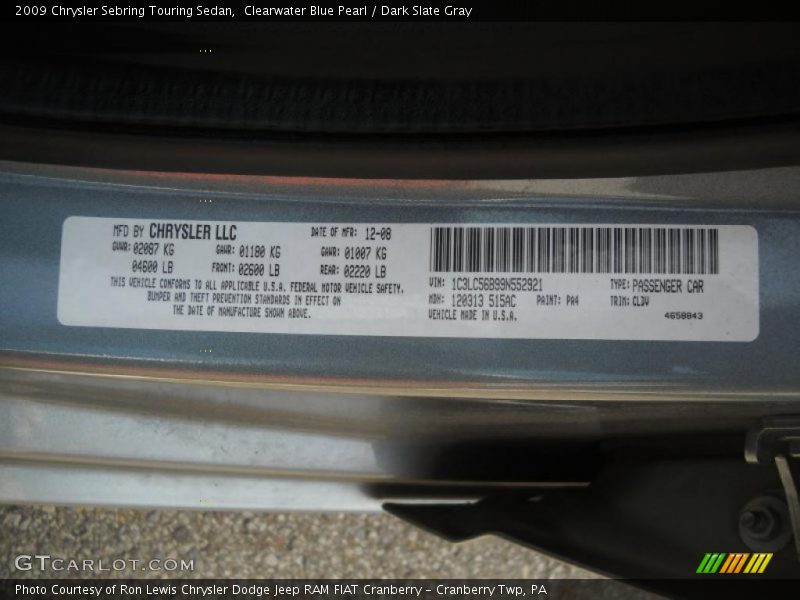 Clearwater Blue Pearl / Dark Slate Gray 2009 Chrysler Sebring Touring Sedan