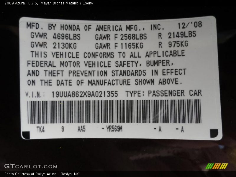 2009 TL 3.5 Mayan Bronze Metallic Color Code YR569M