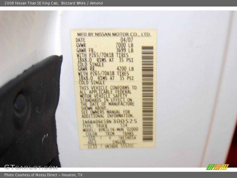 Blizzard White / Almond 2008 Nissan Titan SE King Cab