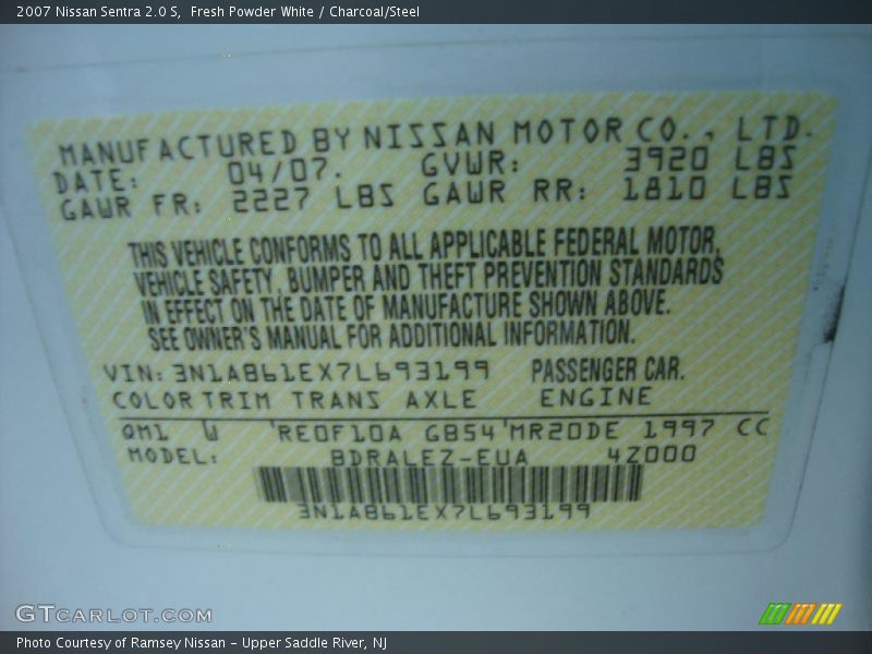 Info Tag of 2007 Sentra 2.0 S