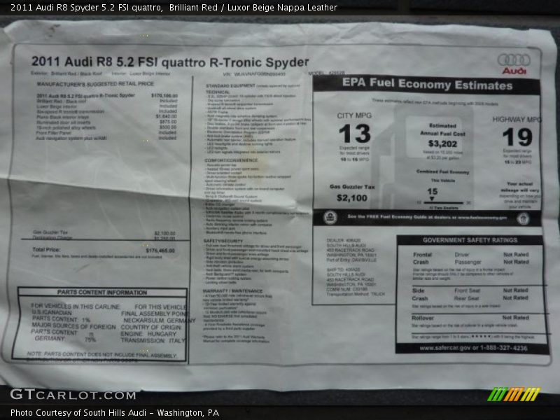  2011 R8 Spyder 5.2 FSI quattro Window Sticker