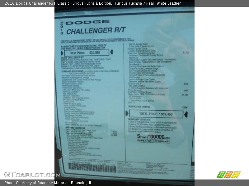  2010 Challenger R/T Classic Furious Fuchsia Edition Window Sticker