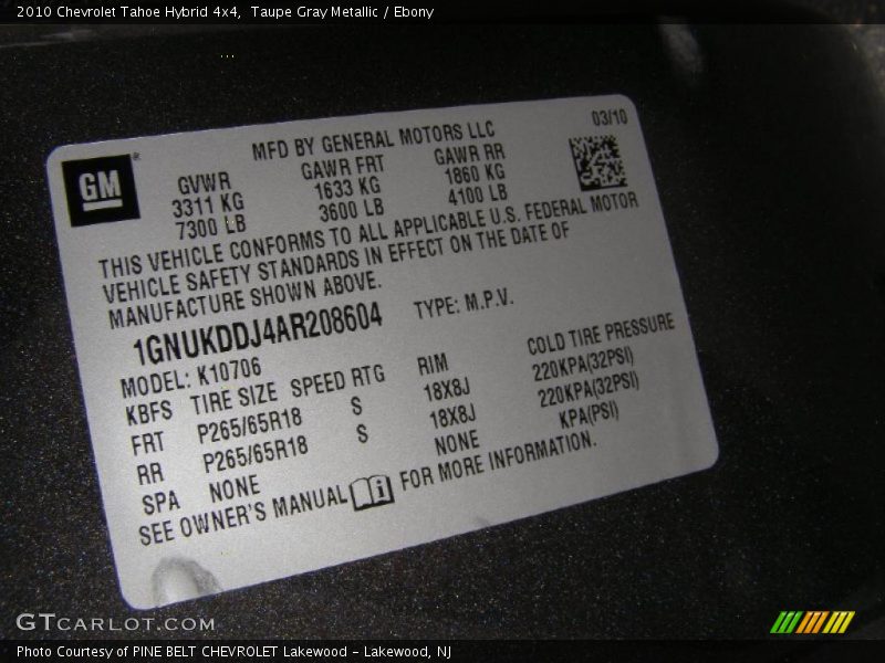 Info Tag of 2010 Tahoe Hybrid 4x4