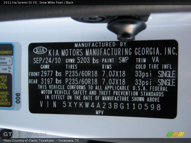 2011 Sorento SX V6 Snow White Pearl Color Code SWP