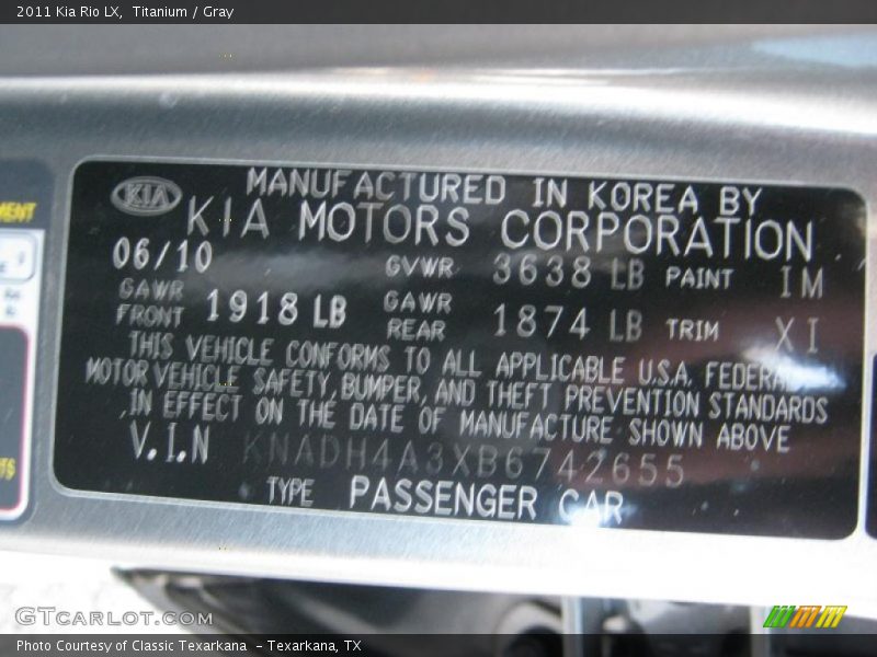 2011 Rio LX Titanium Color Code IM
