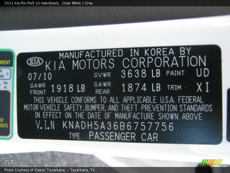 2011 Rio Rio5 LX Hatchback Clear White Color Code UD