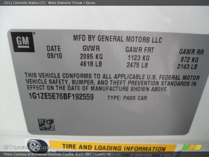 Info Tag of 2011 Malibu LTZ