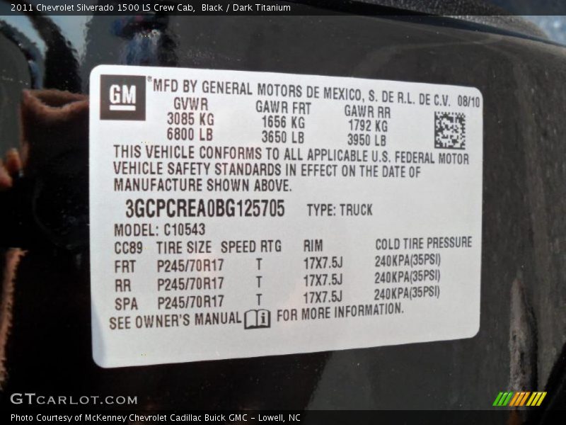 Info Tag of 2011 Silverado 1500 LS Crew Cab