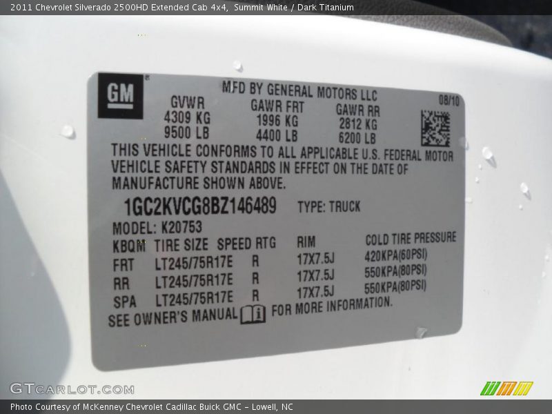 Info Tag of 2011 Silverado 2500HD Extended Cab 4x4