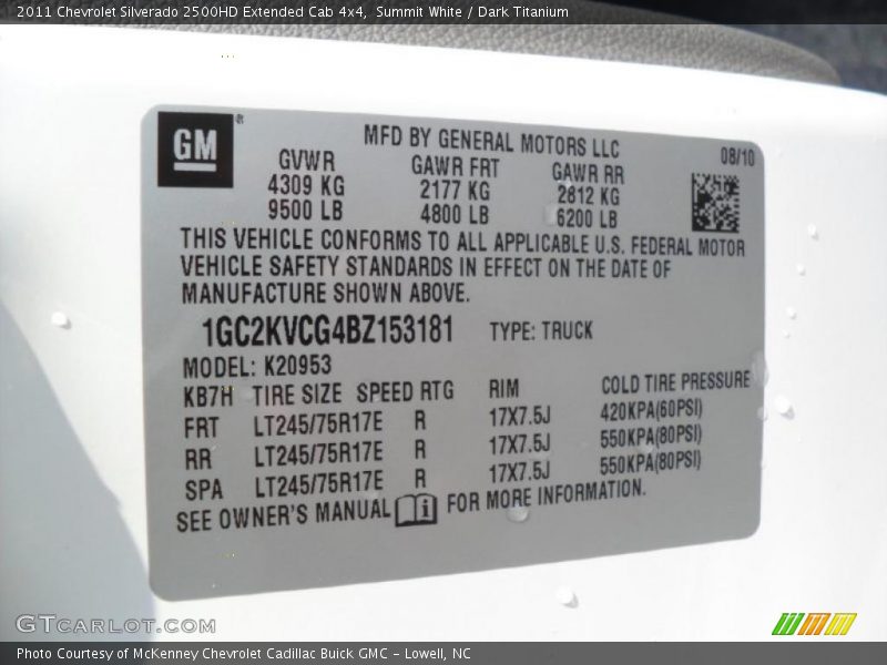 Info Tag of 2011 Silverado 2500HD Extended Cab 4x4