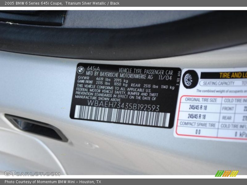 Info Tag of 2005 6 Series 645i Coupe