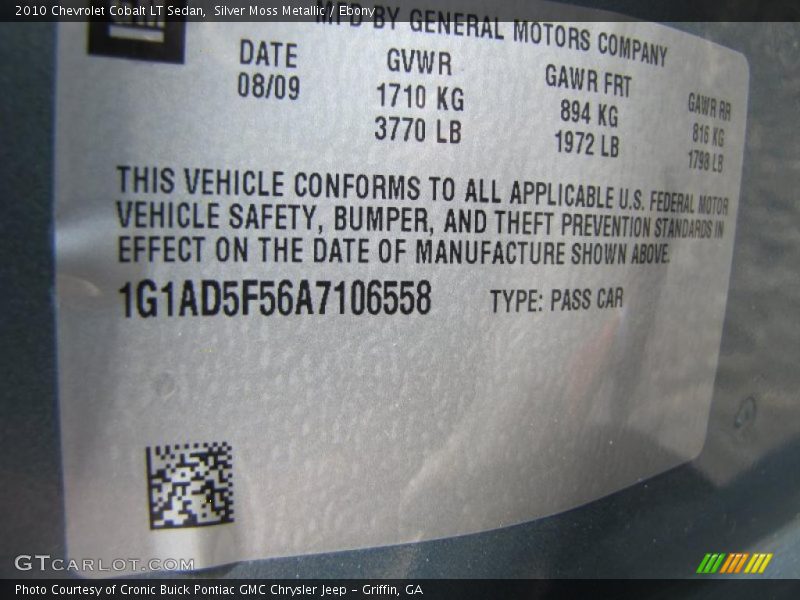 Silver Moss Metallic / Ebony 2010 Chevrolet Cobalt LT Sedan