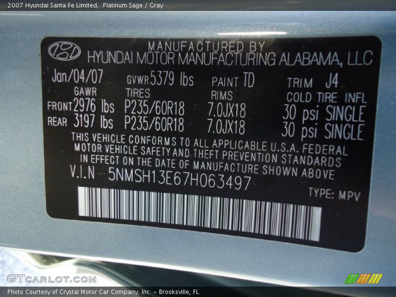 2007 Santa Fe Limited Platinum Sage Color Code TD