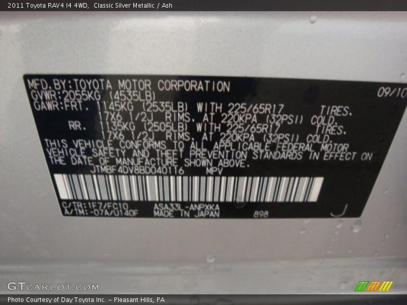 2011 RAV4 I4 4WD Classic Silver Metallic Color Code 1F7