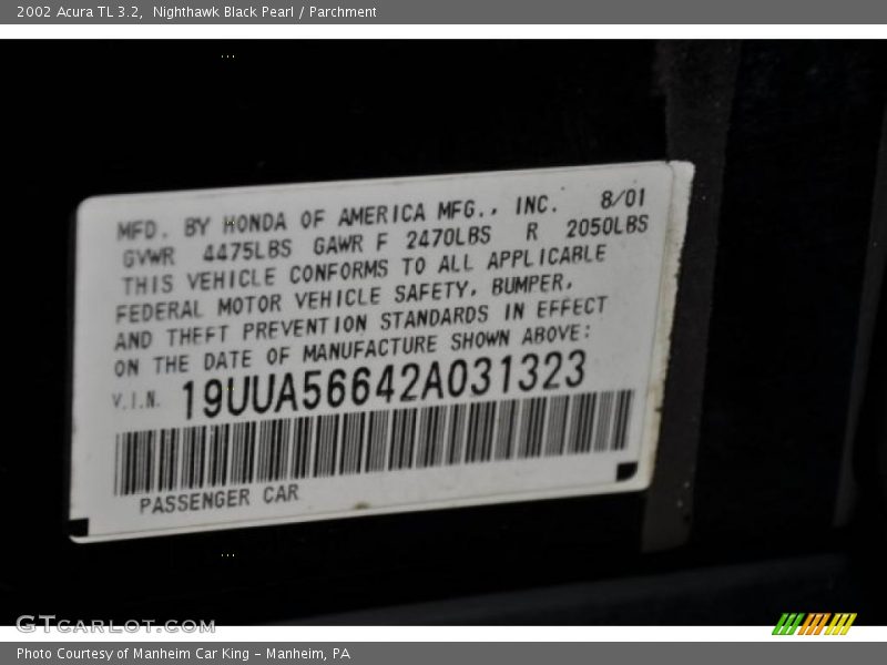 Info Tag of 2002 TL 3.2
