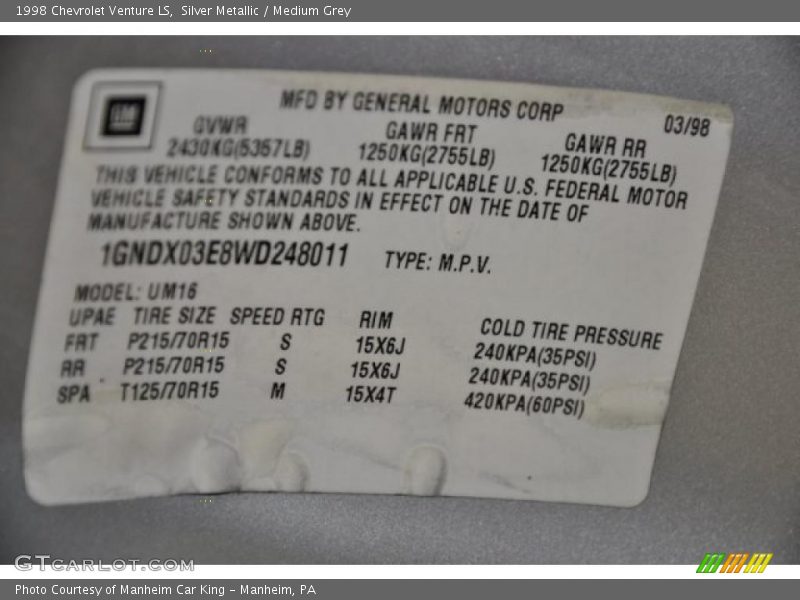 Info Tag of 1998 Venture LS