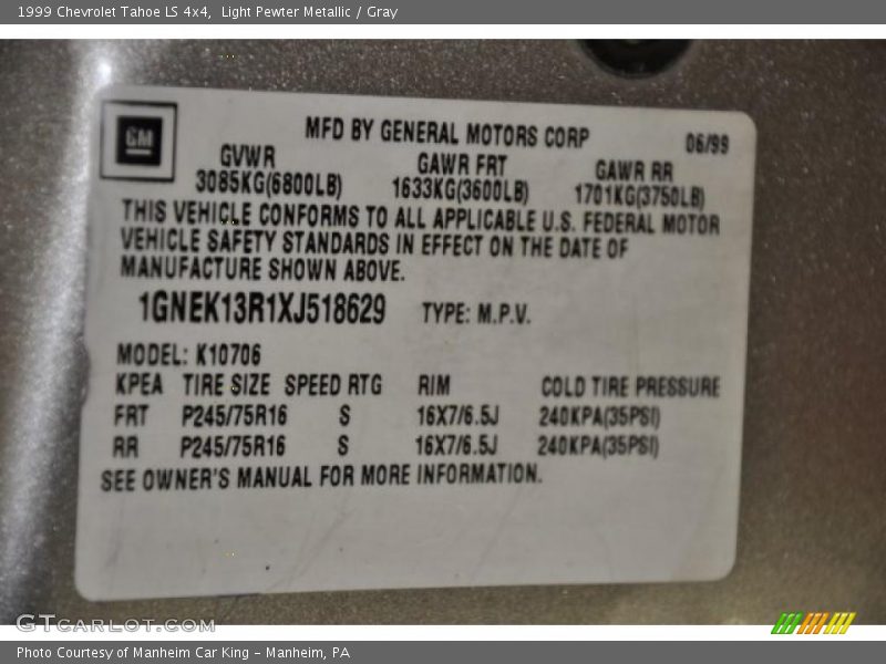 Light Pewter Metallic / Gray 1999 Chevrolet Tahoe LS 4x4