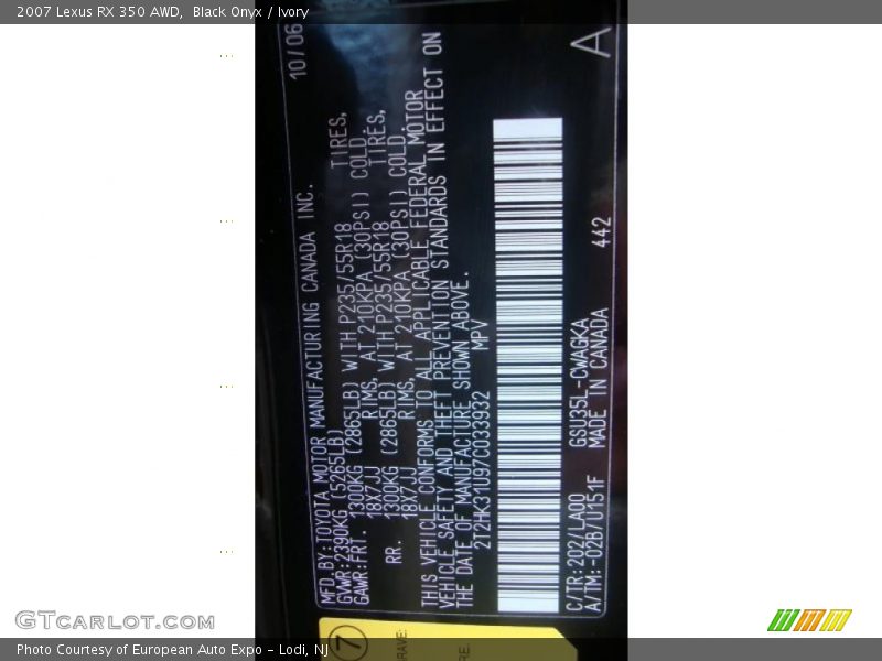 Black Onyx / Ivory 2007 Lexus RX 350 AWD