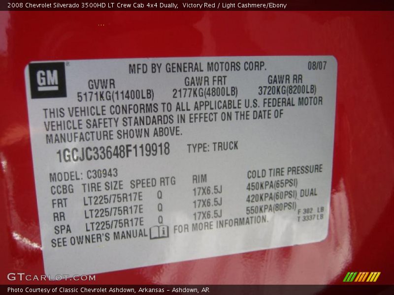 Info Tag of 2008 Silverado 3500HD LT Crew Cab 4x4 Dually