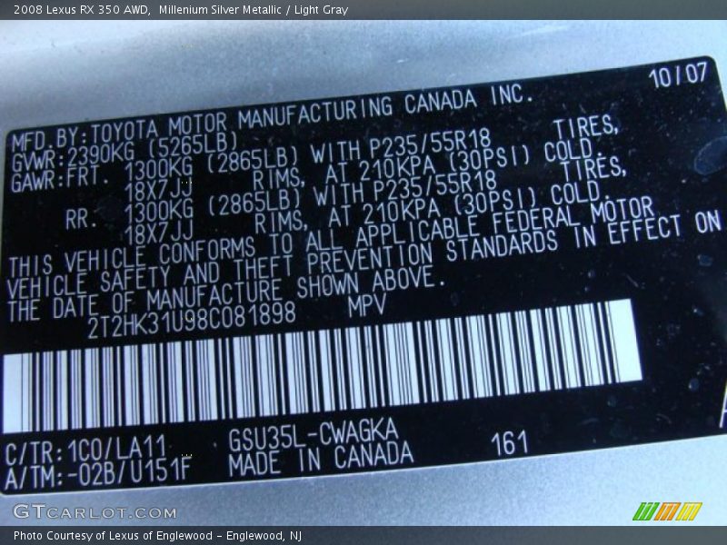 Millenium Silver Metallic / Light Gray 2008 Lexus RX 350 AWD