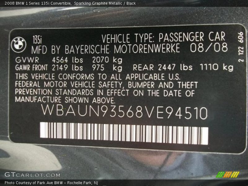 Info Tag of 2008 1 Series 135i Convertible