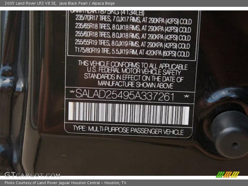 Info Tag of 2005 LR3 V8 SE