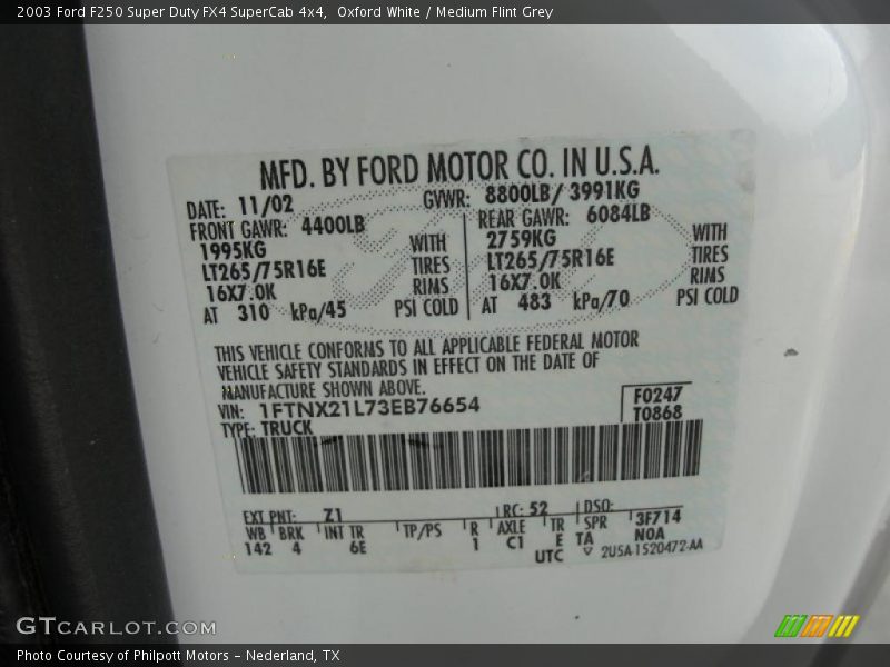 2003 F250 Super Duty FX4 SuperCab 4x4 Oxford White Color Code Z1