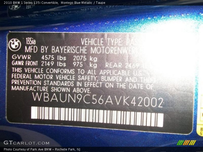 Info Tag of 2010 1 Series 135i Convertible