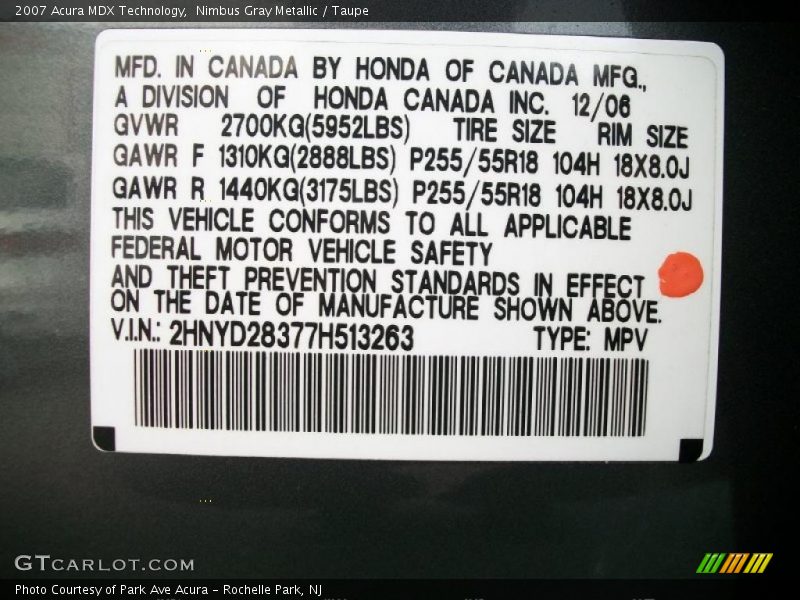 Info Tag of 2007 MDX Technology
