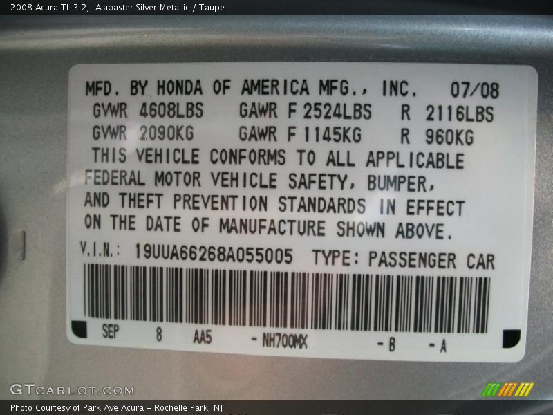 2008 TL 3.2 Alabaster Silver Metallic Color Code NH700MX