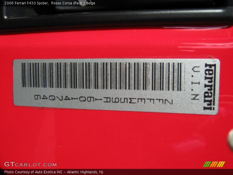 Info Tag of 2006 F430 Spider