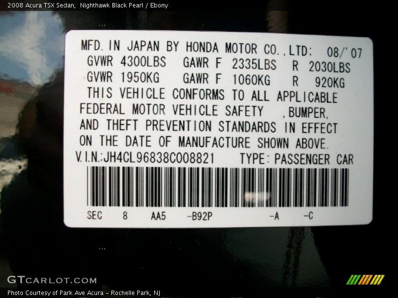 2008 TSX Sedan Nighthawk Black Pearl Color Code B92P