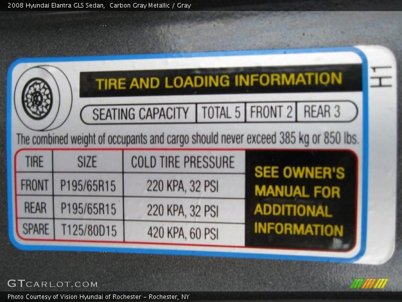 Info Tag of 2008 Elantra GLS Sedan