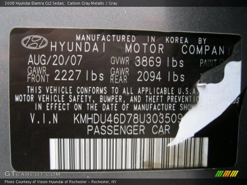 Info Tag of 2008 Elantra GLS Sedan
