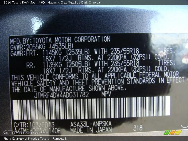 2010 RAV4 Sport 4WD Magnetic Gray Metallic Color Code 1G3