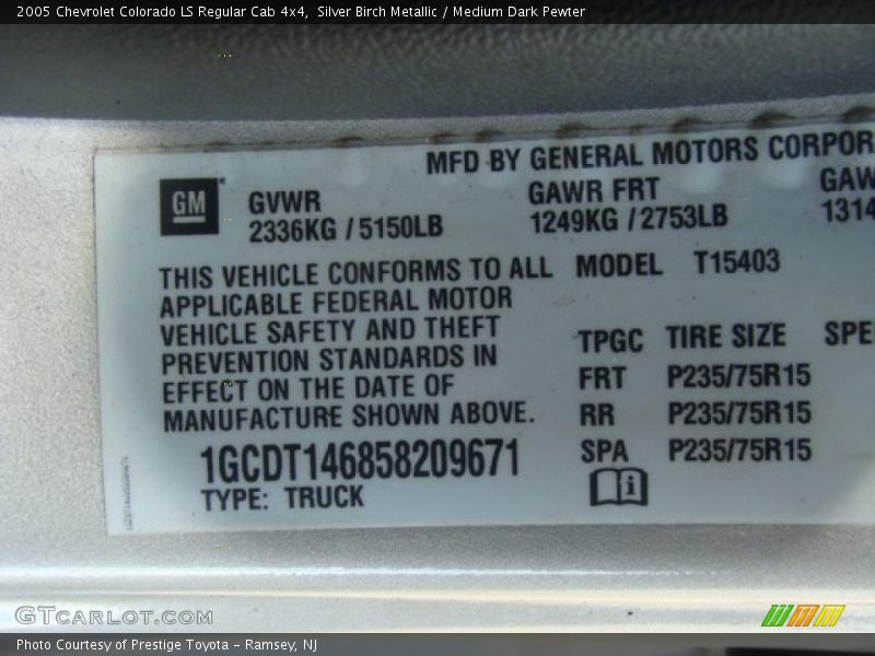 Info Tag of 2005 Colorado LS Regular Cab 4x4