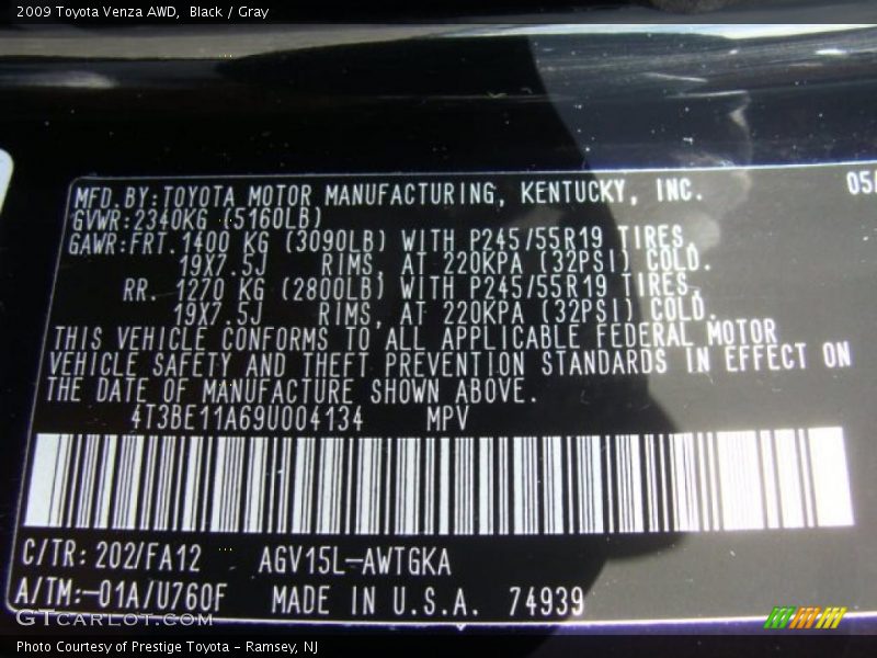 2009 Venza AWD Black Color Code 202