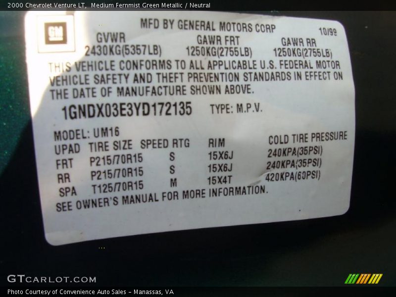 Info Tag of 2000 Venture LT