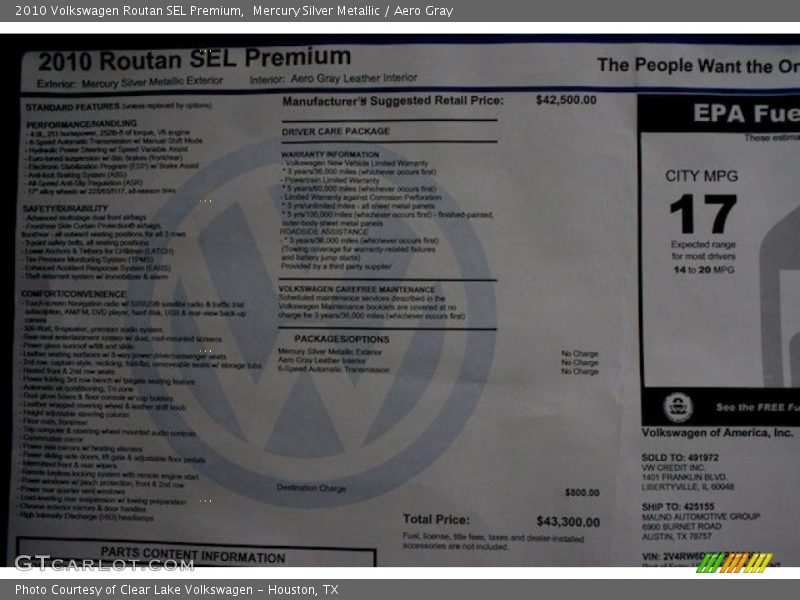  2010 Routan SEL Premium Window Sticker