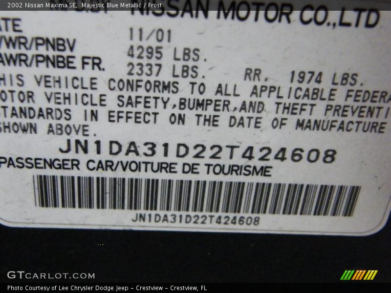 Majestic Blue Metallic / Frost 2002 Nissan Maxima SE