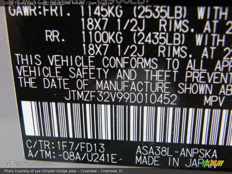 2009 RAV4 Sport Classic Silver Metallic Color Code 1F7