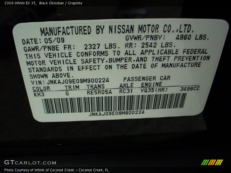 2009 EX 35 Black Obsidian Color Code KH3