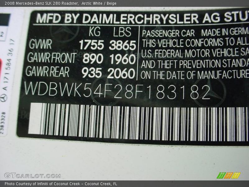 Info Tag of 2008 SLK 280 Roadster