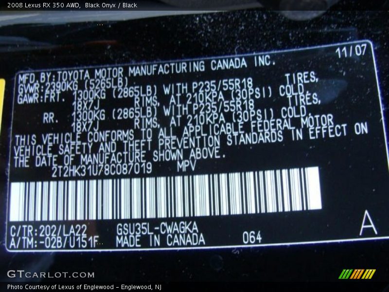 Black Onyx / Black 2008 Lexus RX 350 AWD