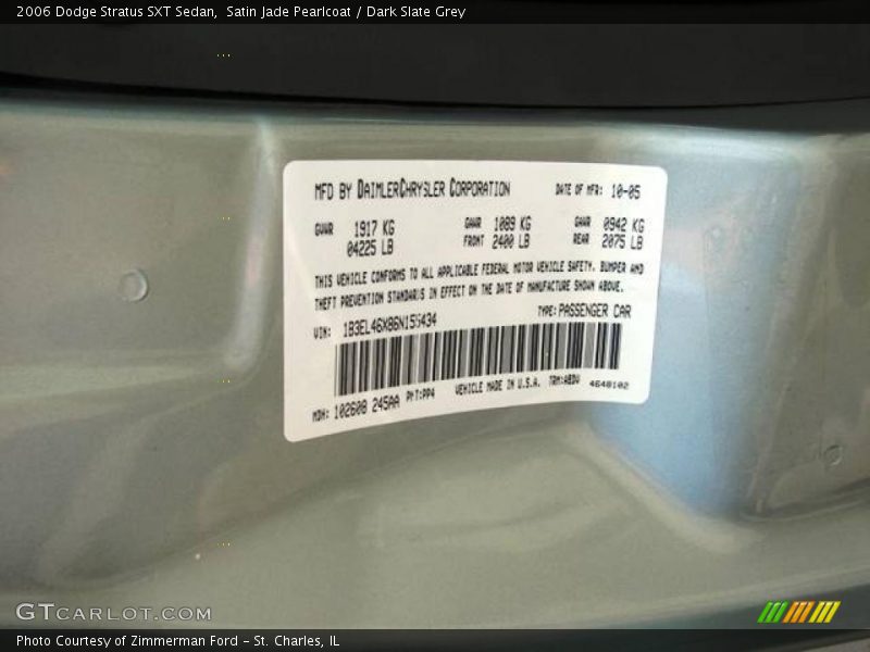 Satin Jade Pearlcoat / Dark Slate Grey 2006 Dodge Stratus SXT Sedan