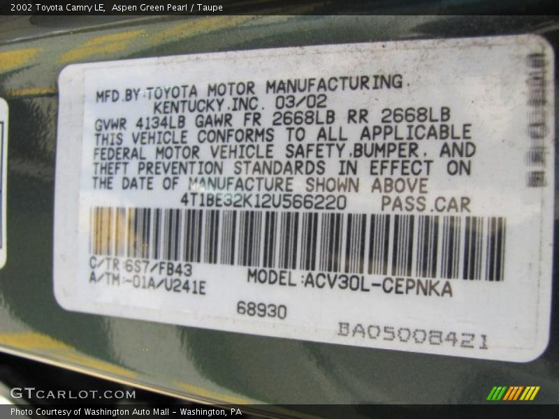Aspen Green Pearl / Taupe 2002 Toyota Camry LE