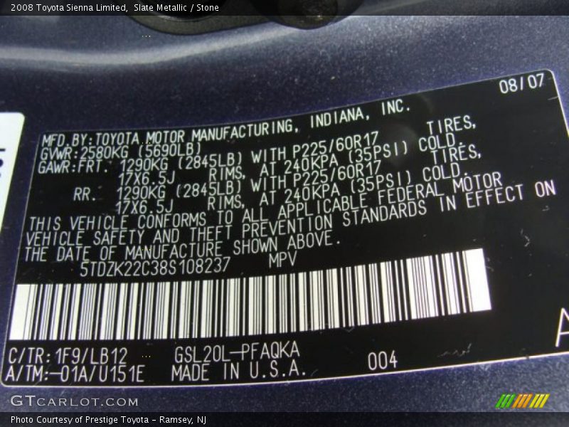 Slate Metallic / Stone 2008 Toyota Sienna Limited