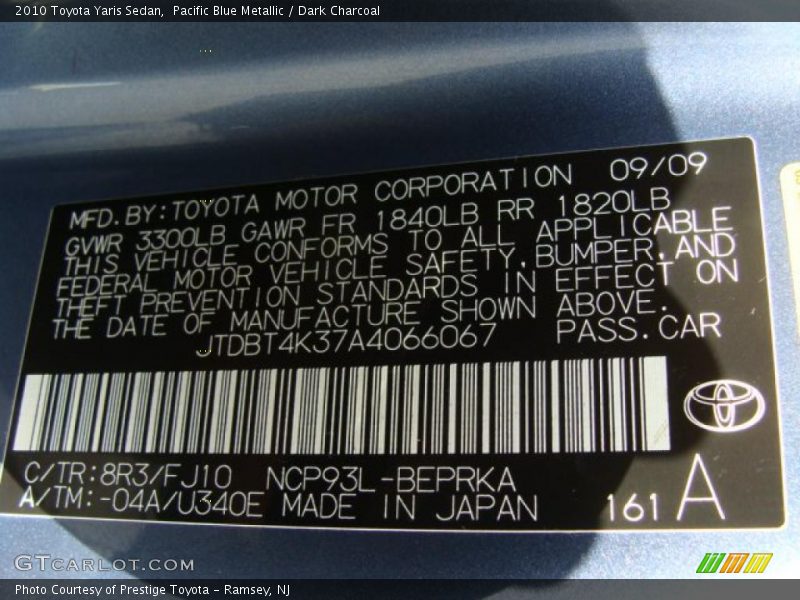 2010 Yaris Sedan Pacific Blue Metallic Color Code 8R3