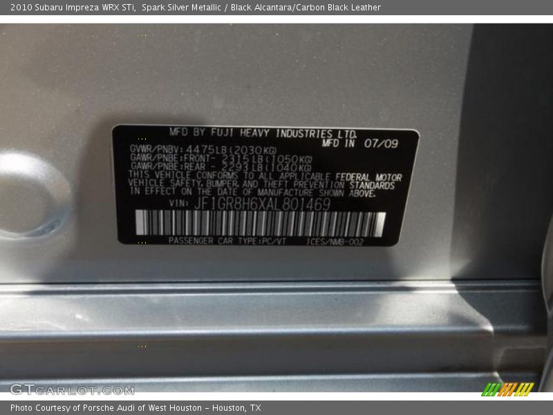 Info Tag of 2010 Impreza WRX STi